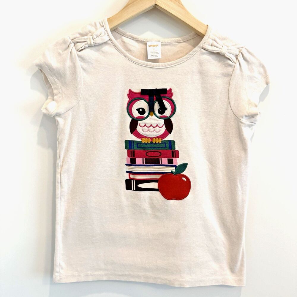 Gymboree T-Shirt Girls Sz 12 Ivory Embroidered Owl Prep Back School Books Apple